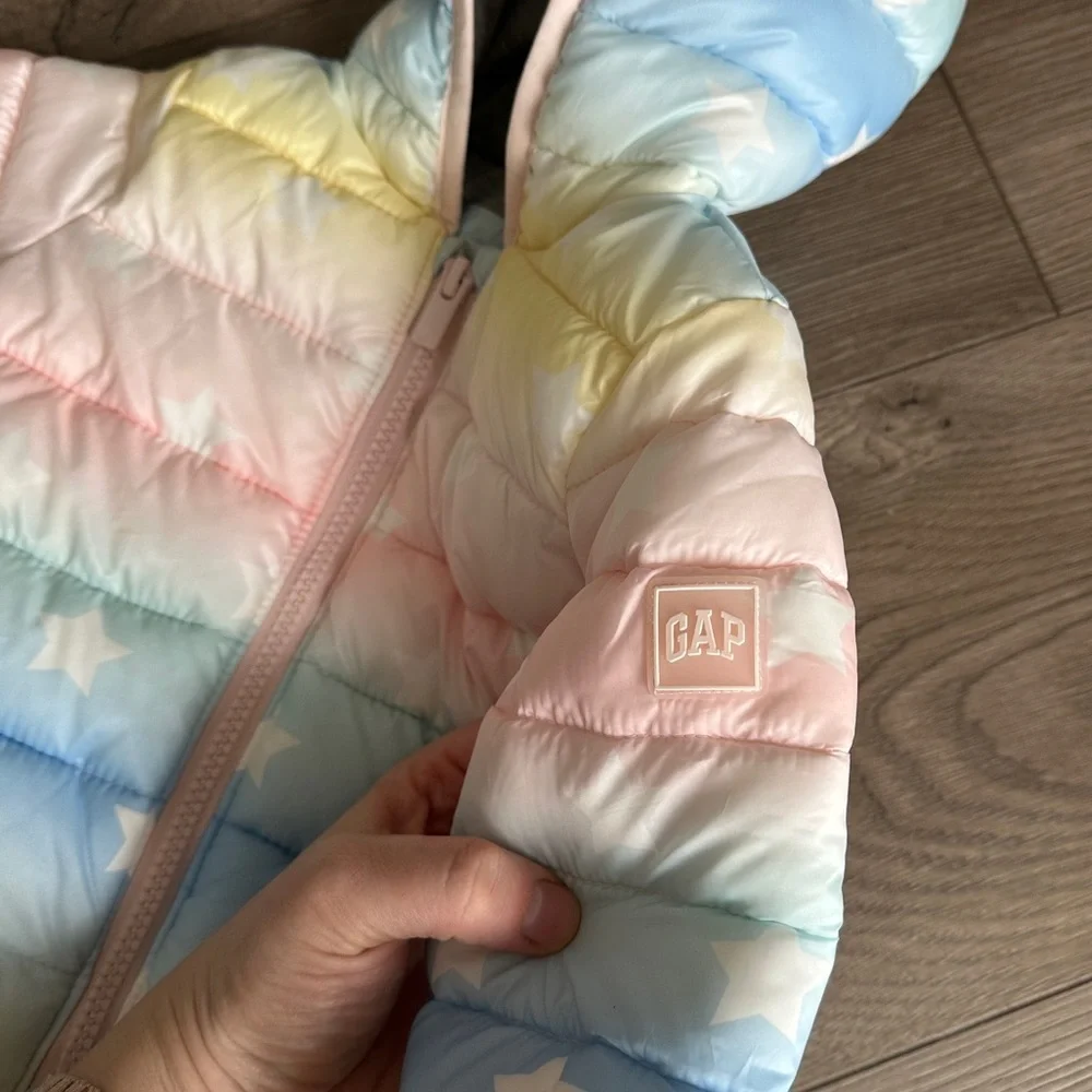 GAP BABY Puffer Jacket WORN ONCE Girls Pink Ombre Bear Hood size 6-12M